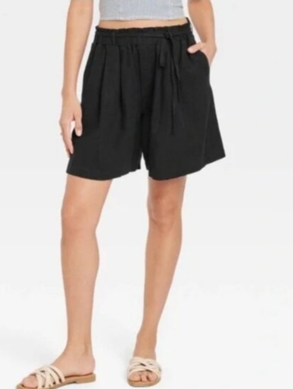 Black Linen Blend Pleated Belted Shorts Medium